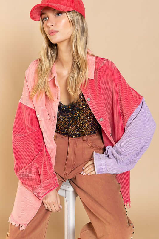 Balloon Sleeve w Contrast Color Corduroy Jacket Shacket