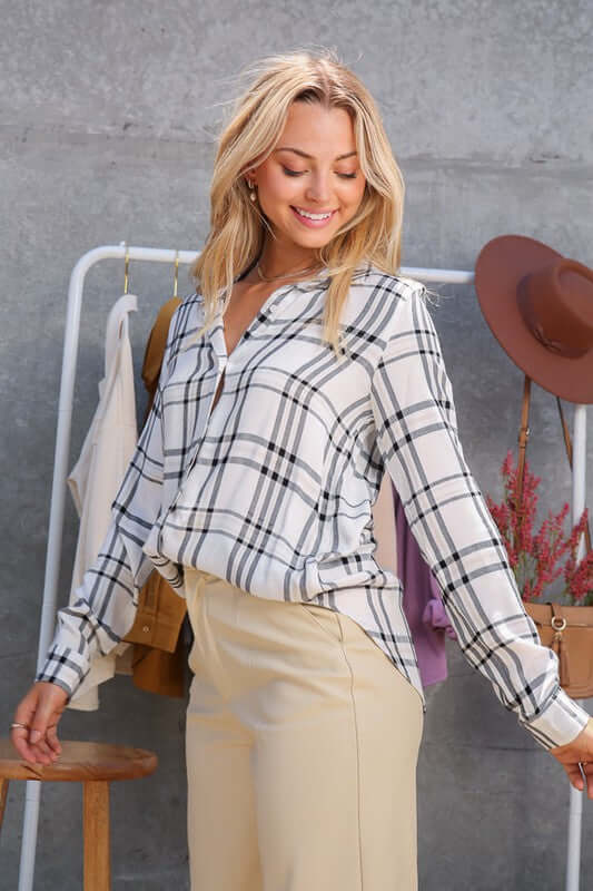 Plaid Collar Rayon Long Sleeve Top