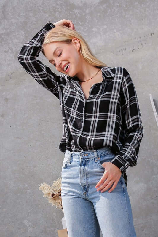 Plaid Collar Rayon Long Sleeve Top