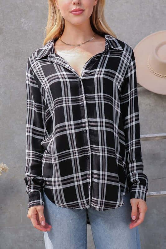 Plaid Collar Rayon Long Sleeve Top