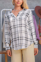 Plaid Collar Rayon Long Sleeve Top