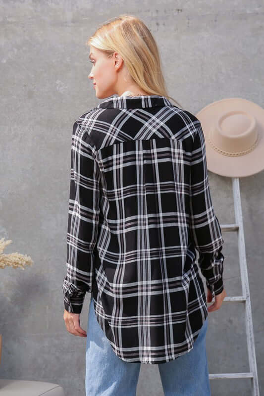 Plaid Collar Rayon Long Sleeve Top