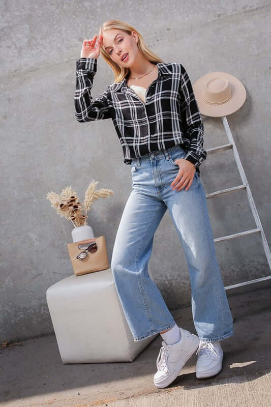 Plaid Collar Rayon Long Sleeve Top