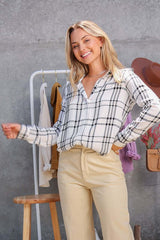 Plaid Collar Rayon Long Sleeve Top