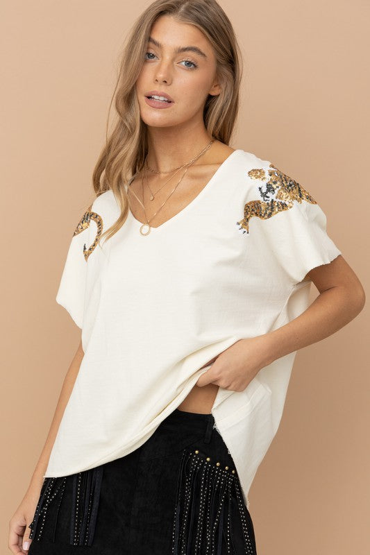 Shop Women's Tiger Sequin Patch T Shirt Top | USA Boutique Clothing Shop, T-shirts, USA Boutique