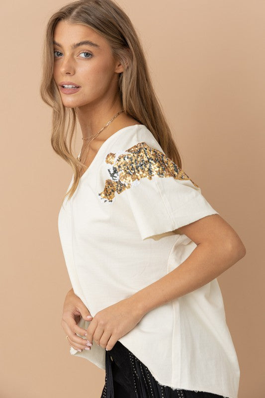 Shop Women's Tiger Sequin Patch T Shirt Top | USA Boutique Clothing Shop, T-shirts, USA Boutique