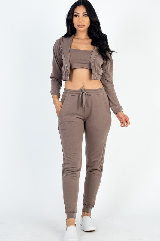 Shop Women's Cropped Cami with Zip-up Jacket and Joggers Set Loungewear, Outfit Sets, USA Boutique