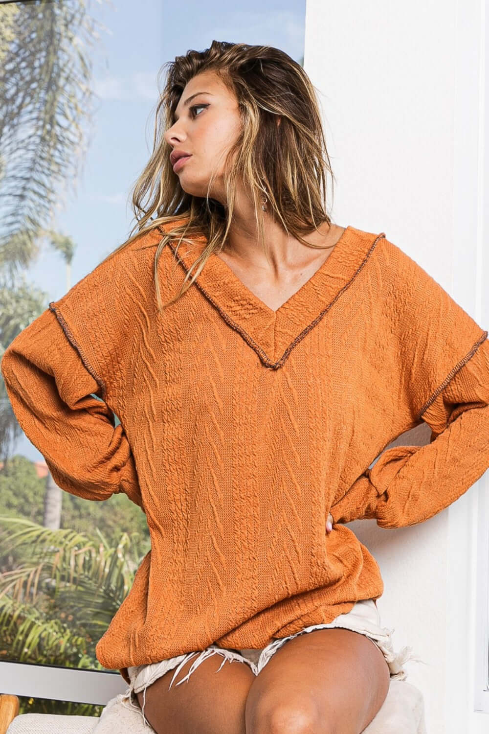 Rusty Brown Textured Exposed Seam Drop Shoulder Knit Top, Activewear Tops, $ 45.00, A Moment Of Now™