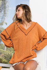 Rusty Brown Textured Exposed Seam Drop Shoulder Long Sleeve Knit Top, BiBi, A Moment Of Now