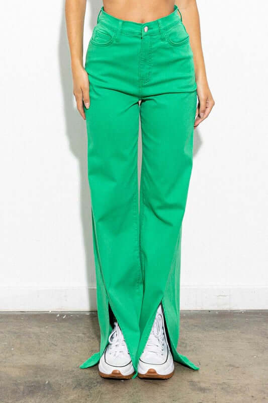 Shop Women's Green Front Slit Wide Leg Tencel Pants | Boutique Clothing, Pants, USA Boutique