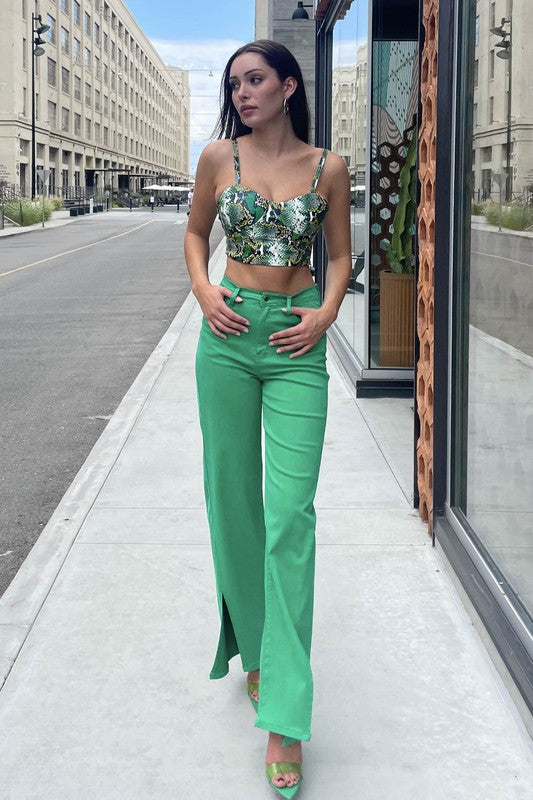 Shop Women's Green Front Slit Wide Leg Tencel Pants | Boutique Clothing, Pants, USA Boutique