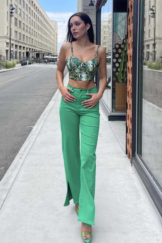 Green Front Slit Wide Leg Tencel Pants, Vibrant M.i.U, $ 62.95