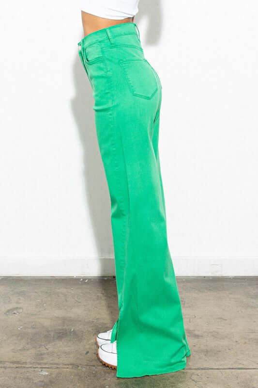 Shop Women's Green Front Slit Wide Leg Tencel Pants | Boutique Clothing, Pants, USA Boutique