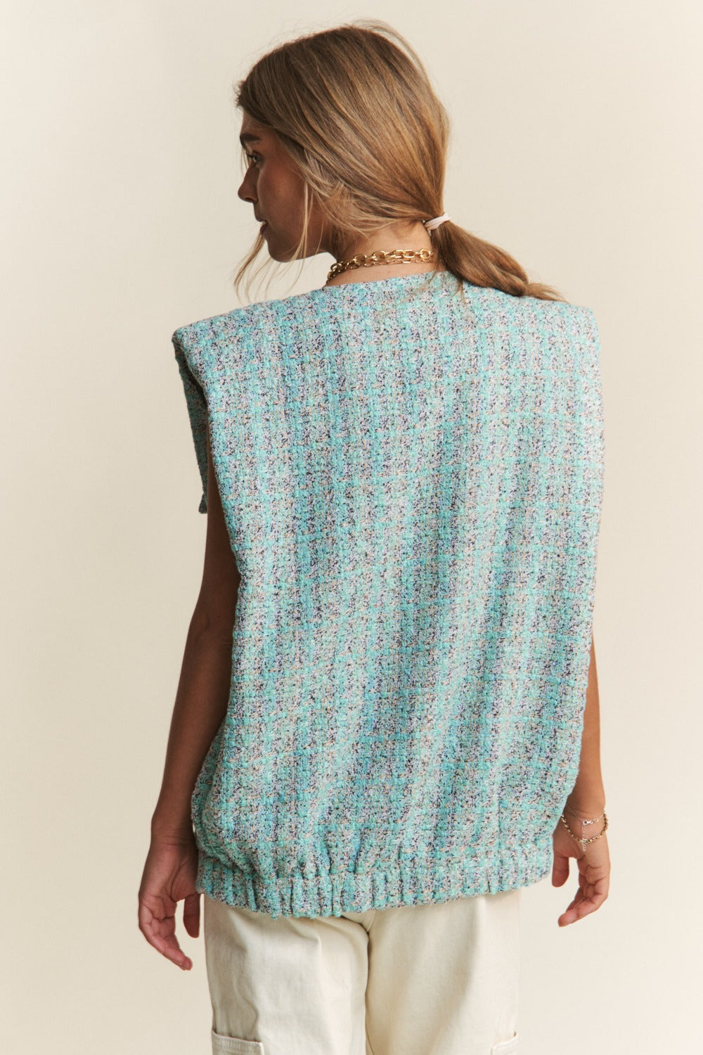 Celeste Blue Frayed Tweed Padded Shoulder Vest