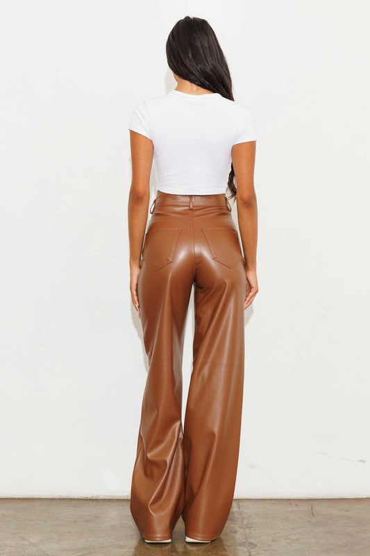 Brown Vegan Leather Wide Leg Pants