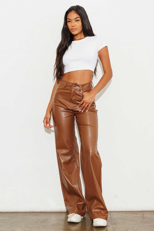 Brown Vegan Leather Wide Leg Pants