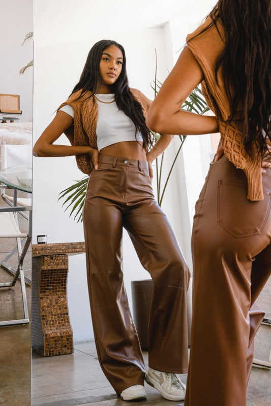 Brown Vegan Leather Wide Leg Pants