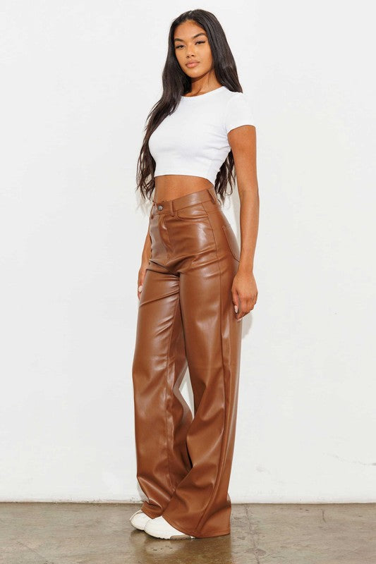 Brown Vegan Leather Wide Leg Pants