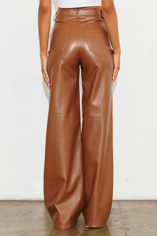 Brown Vegan Leather Wide Leg Pants