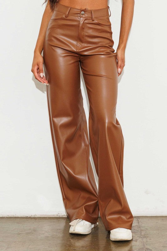 Brown Vegan Leather Wide Leg Pants