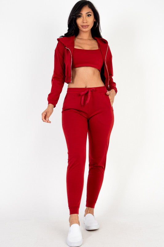 Shop Women's Cropped Cami with Zip-up Jacket and Joggers Set Loungewear, Outfit Sets, USA Boutique