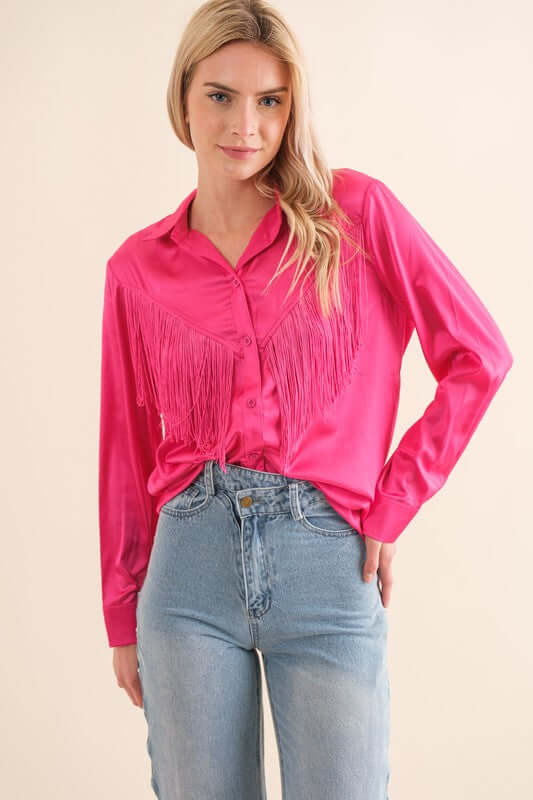 Western Satin Shirt Blouse with Chevron Fringe, Blue B, $ 60.95