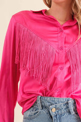 Western Satin Shirt Blouse with Chevron Fringe, Blue B, $ 60.95