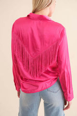 Western Satin Shirt Blouse with Chevron Fringe, Blue B, $ 60.95