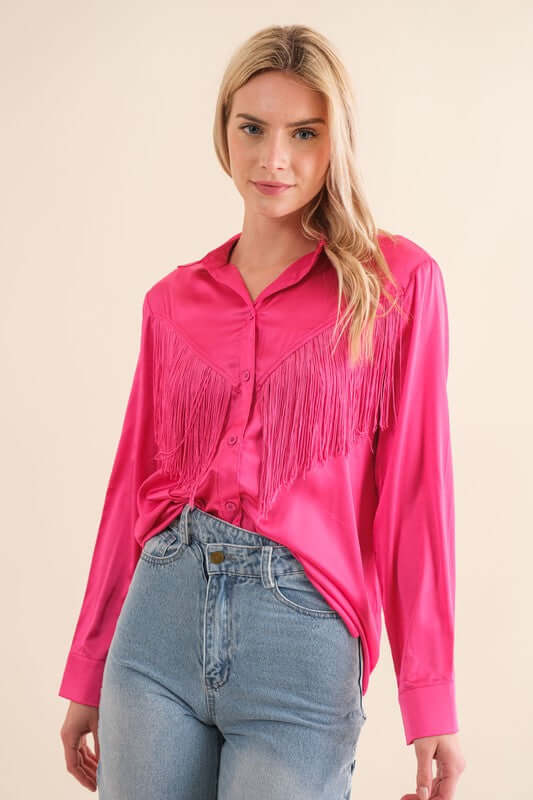 Western Satin Shirt Blouse with Chevron Fringe, Blue B, $ 60.95