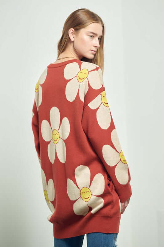 HAPPY FACE FLORAL PRINT KNIT SWETAER, Jade By Jane, $ 69.00