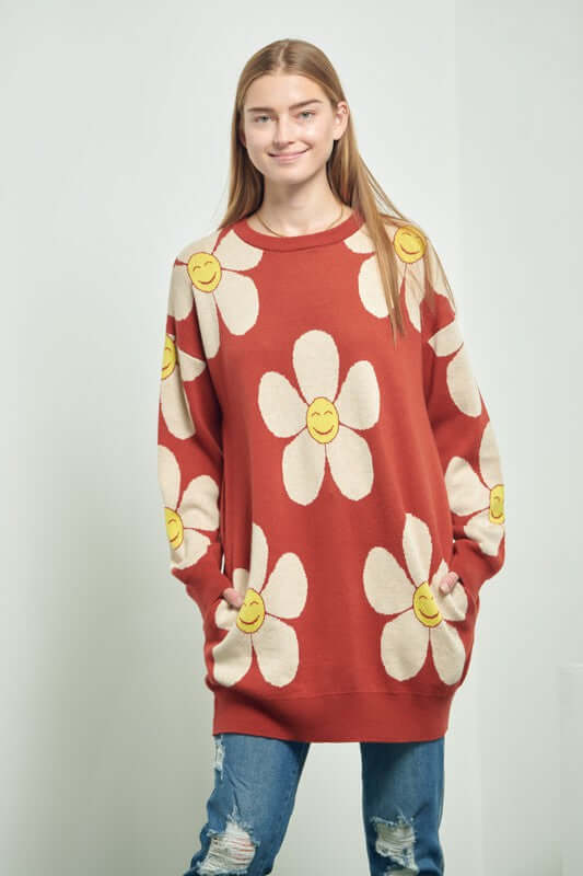 Shop Happy Face Floral Print Knit Sweater Dress | Shop Boutique Clothing, Sweater Dresses, USA Boutique