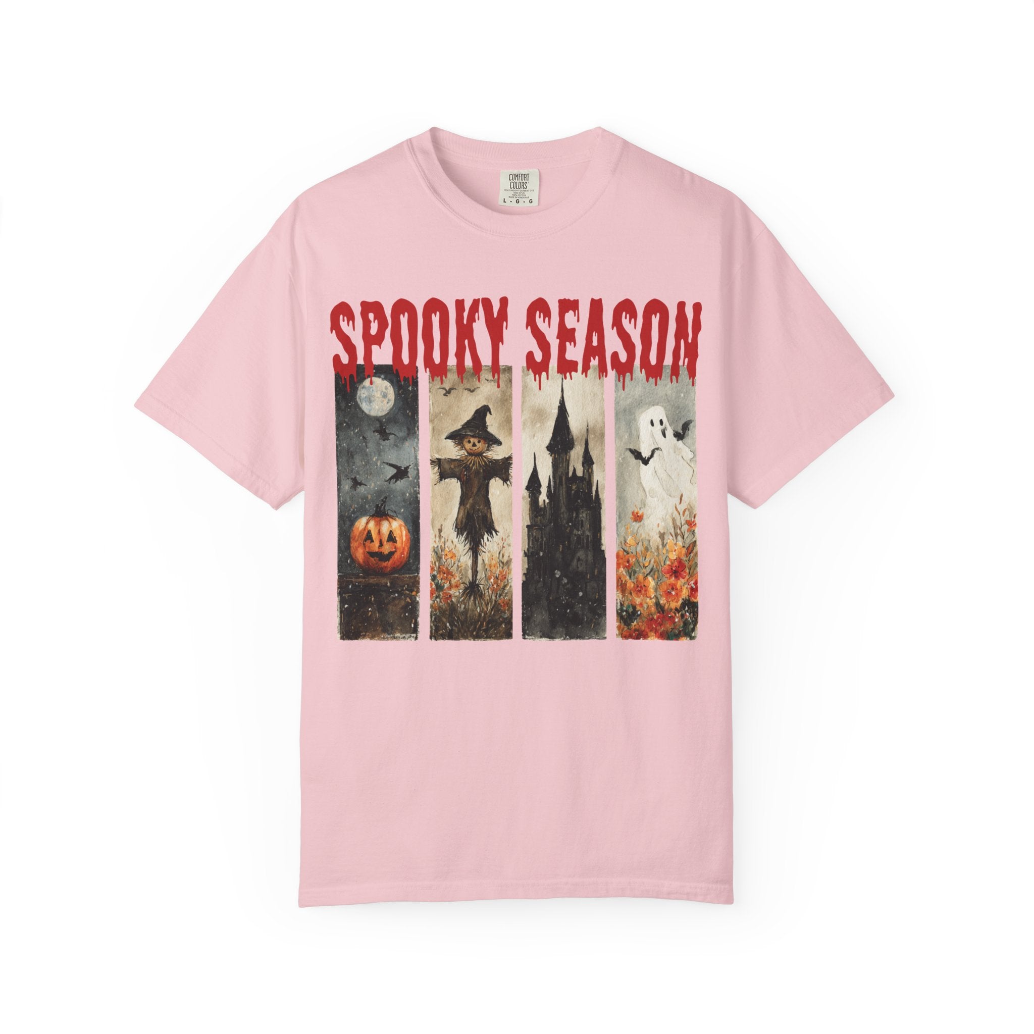 Spooky Season Halloween T-shirt with vintage pumpkin, scarecrow and ghost graphic — product mockup