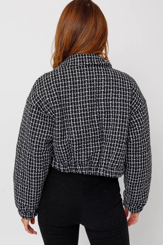 Shop Women's Tweed Crop Puffer Jacket | Shop Discount Boutique Clothes, Jackets, USA Boutique