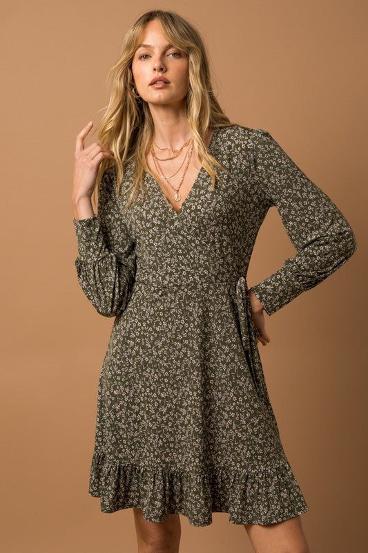 Shop Olive Green Long Sleeve Faux Wrap Ruffle Hem Dress | Boutique Clothing, , USA Boutique