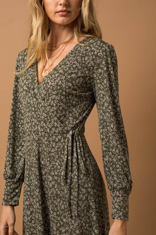 Shop Olive Green Long Sleeve Faux Wrap Ruffle Hem Dress | Boutique Clothing, , USA Boutique