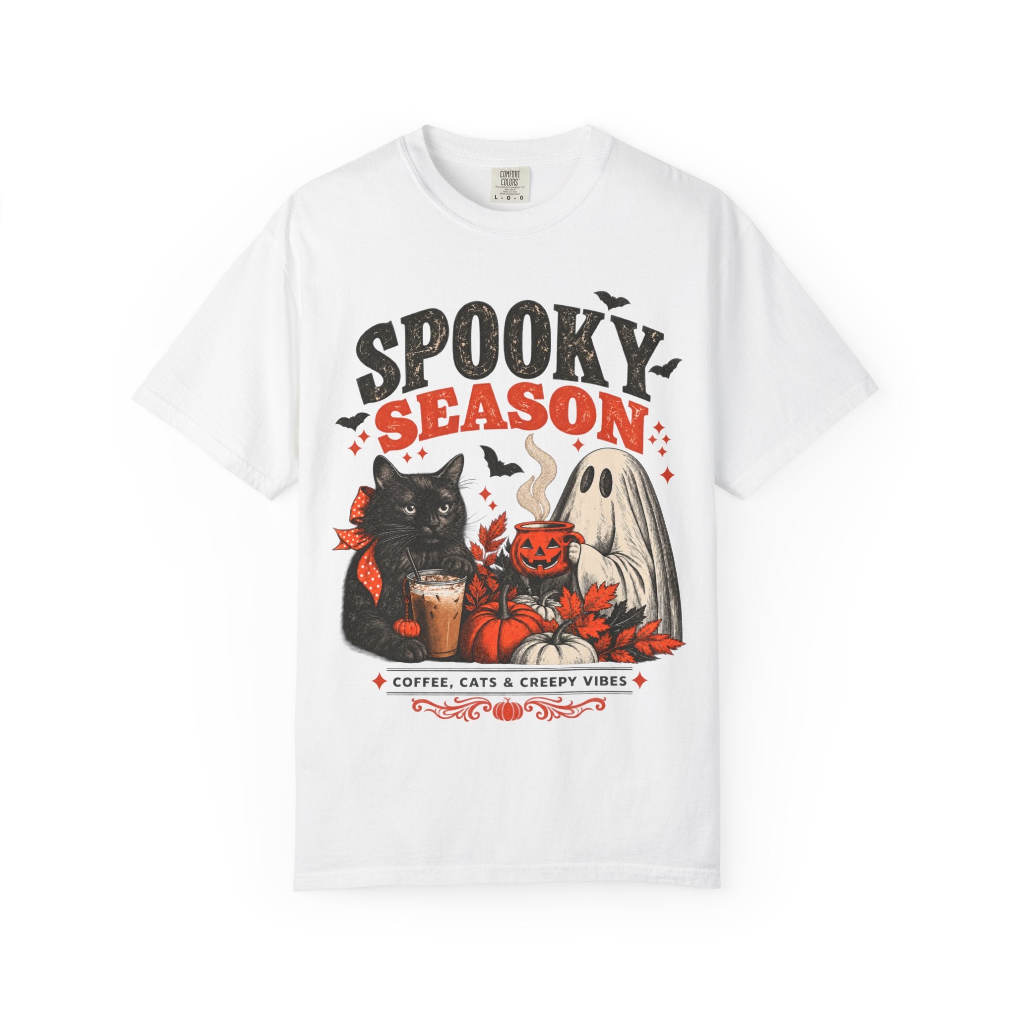 Spooky Season Black Cat & Ghost T-Shirt | Halloween Coffee & Cats Tee