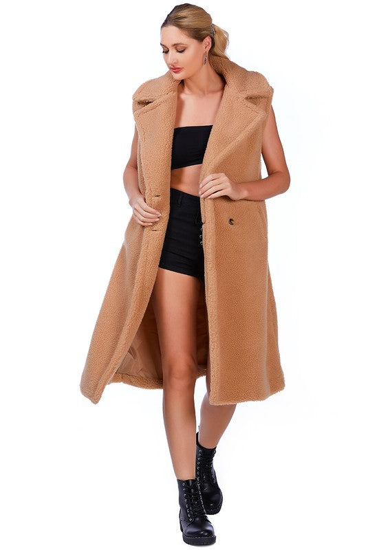 Shop Women's Brown / Cream Sleeveless Double Breasted Teddy Coat, Coats, USA Boutique
