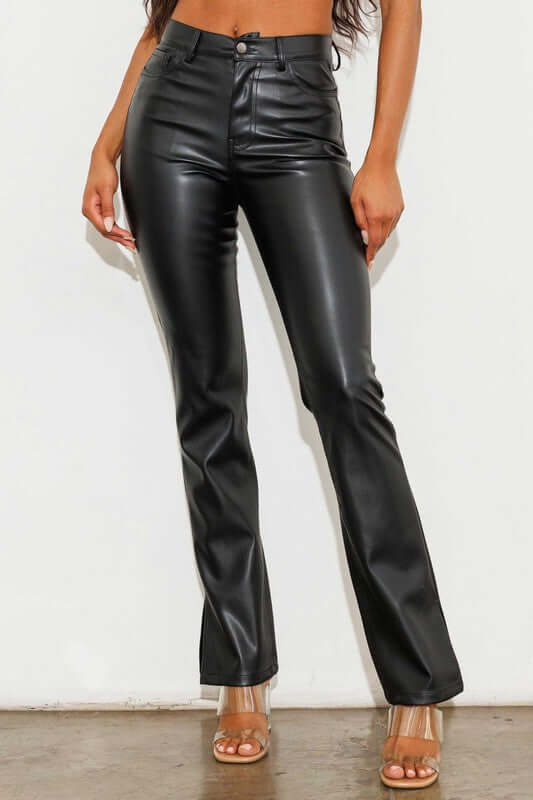 Black Vegan Leather Side Slit Bootcut Pants