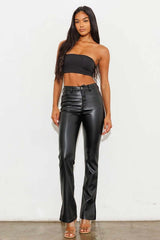 Black Vegan Leather Side Slit Bootcut Pants