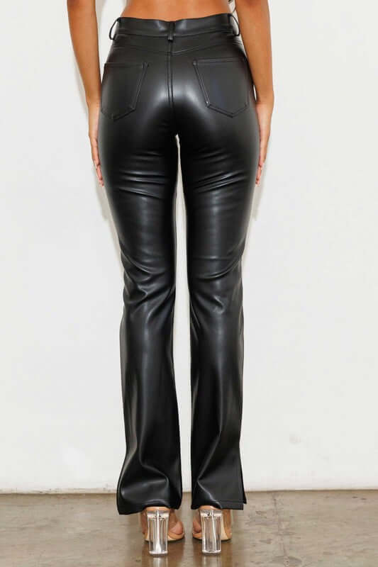 Black Vegan Leather Side Slit Bootcut Pants