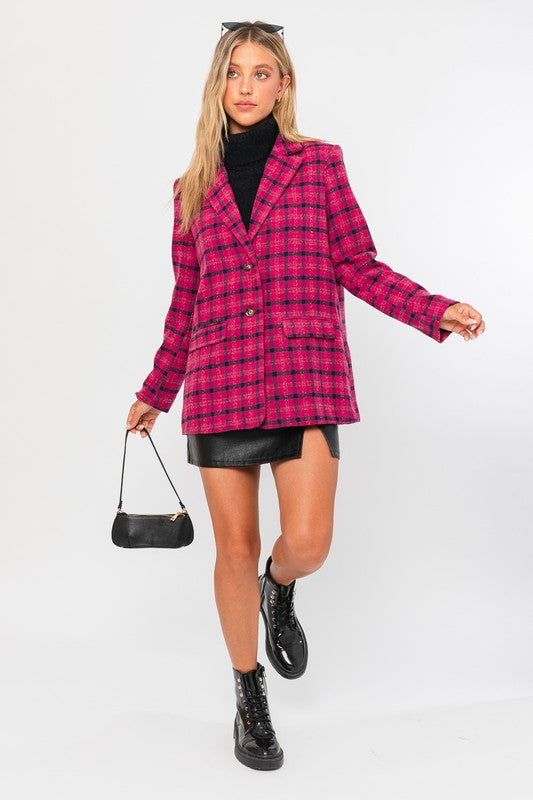 Fuchsia Plaid Single Button Blazer Coat