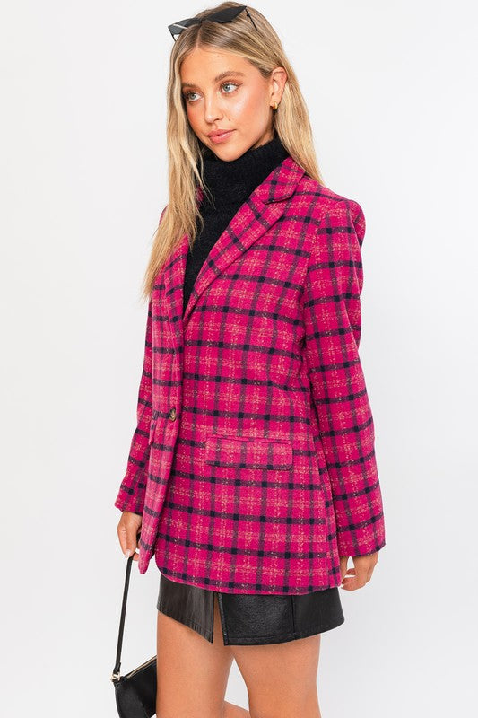 Fuchsia Plaid Single Button Blazer Coat