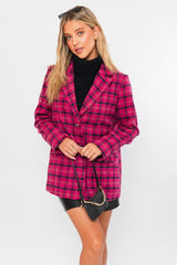 Fuchsia Plaid Single Button Blazer Coat