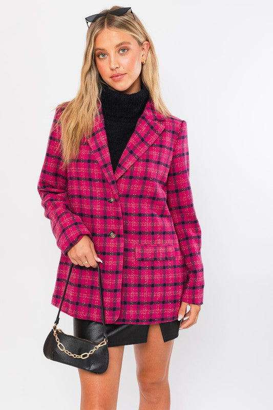 Fuchsia Plaid Single Button Blazer Coat