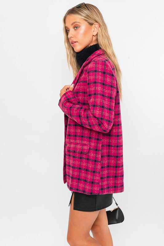 Fuchsia Plaid Single Button Blazer Coat