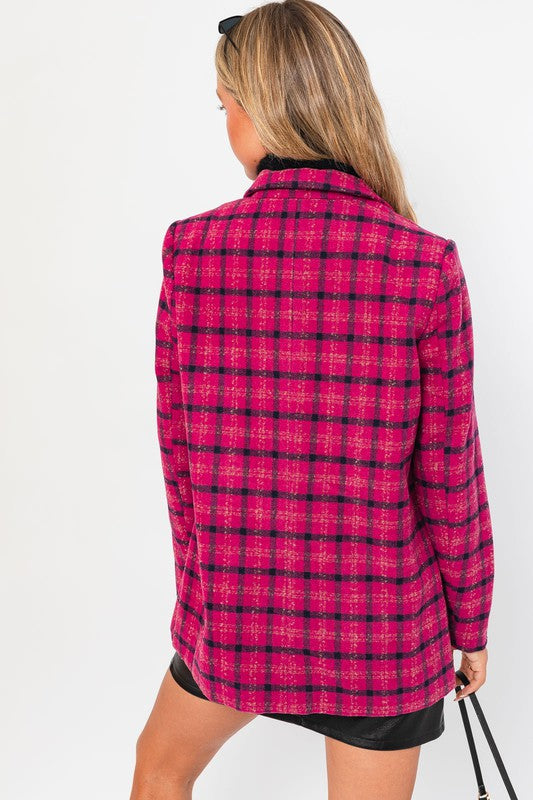 Fuchsia Plaid Single Button Blazer Coat