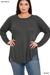 Shop Women's Plus Size Baby Waffle Raglan Sleeve Top in Black , Tops, USA Boutique