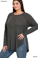 Shop Women's Plus Size Baby Waffle Raglan Sleeve Top in Black , Tops, USA Boutique