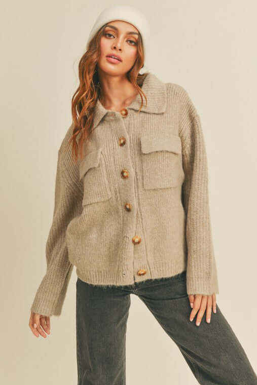 Mushroom Beige Rib Knit Shirt Cardigan