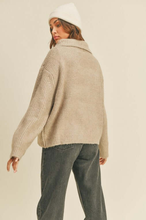 Mushroom Beige Rib Knit Shirt Cardigan